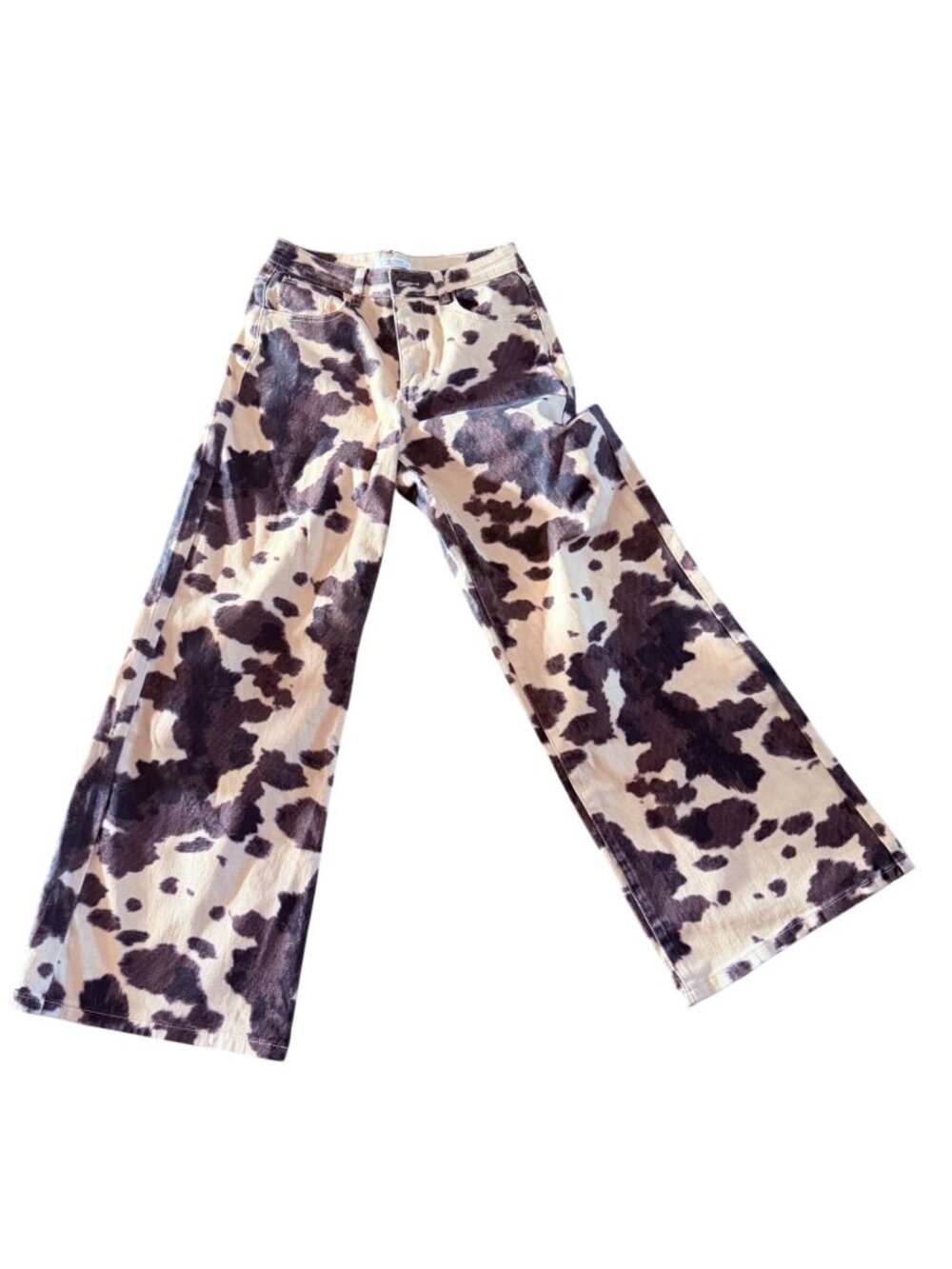 12th Tribe Cow Print High Rise Wide Leg Jeans Brown Cream size 8 streetstyle